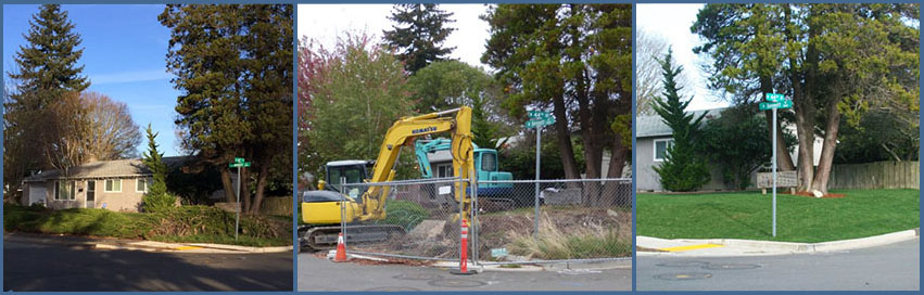 First image is of a house and yard, second image shows excavation equipment working in the yard, third image shows a grassy lawn and tree in front of the house
